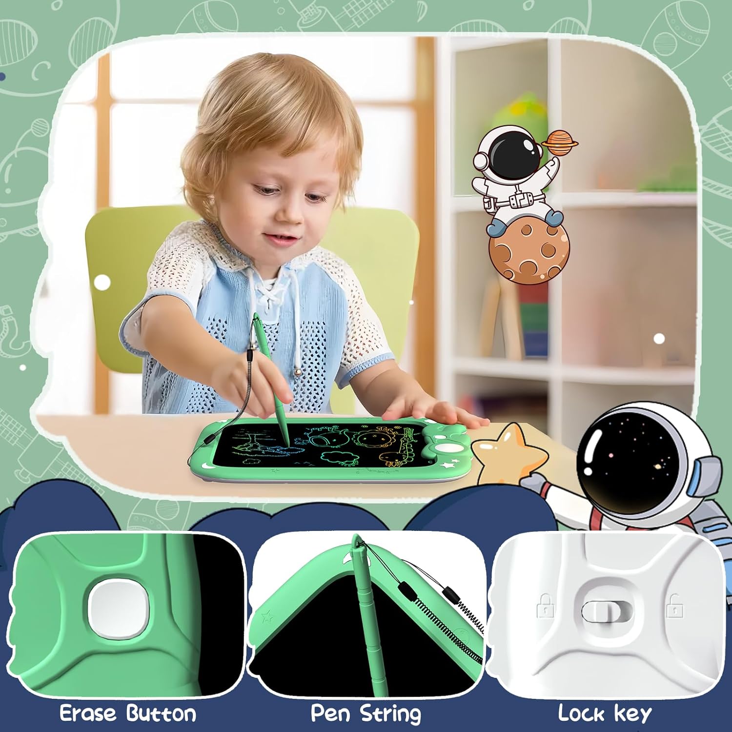 Tableta de escritura LCD para niños, almohadilla de dibujo colorida de astronauta, tablero de bocetos borrable, juguete de viaje de aprendizaje para