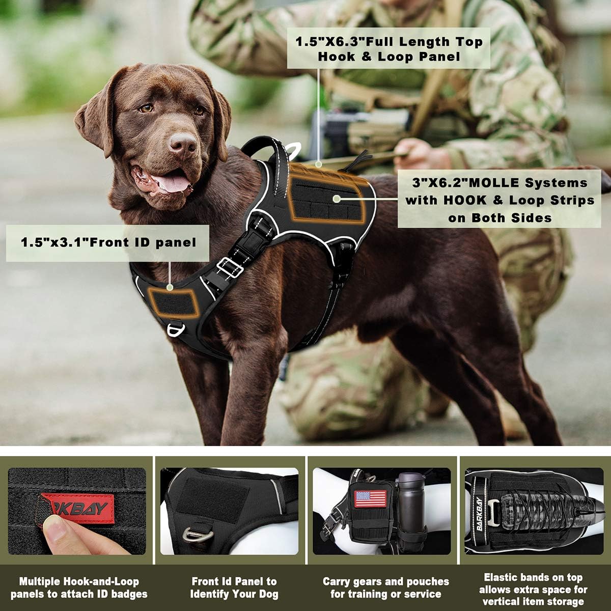 Arnés BARKBAY táctico para perro grande, arnés tipo chaleco para perro pesado, para servicio militar, chaleco MOLLE para perro de trabajo, con