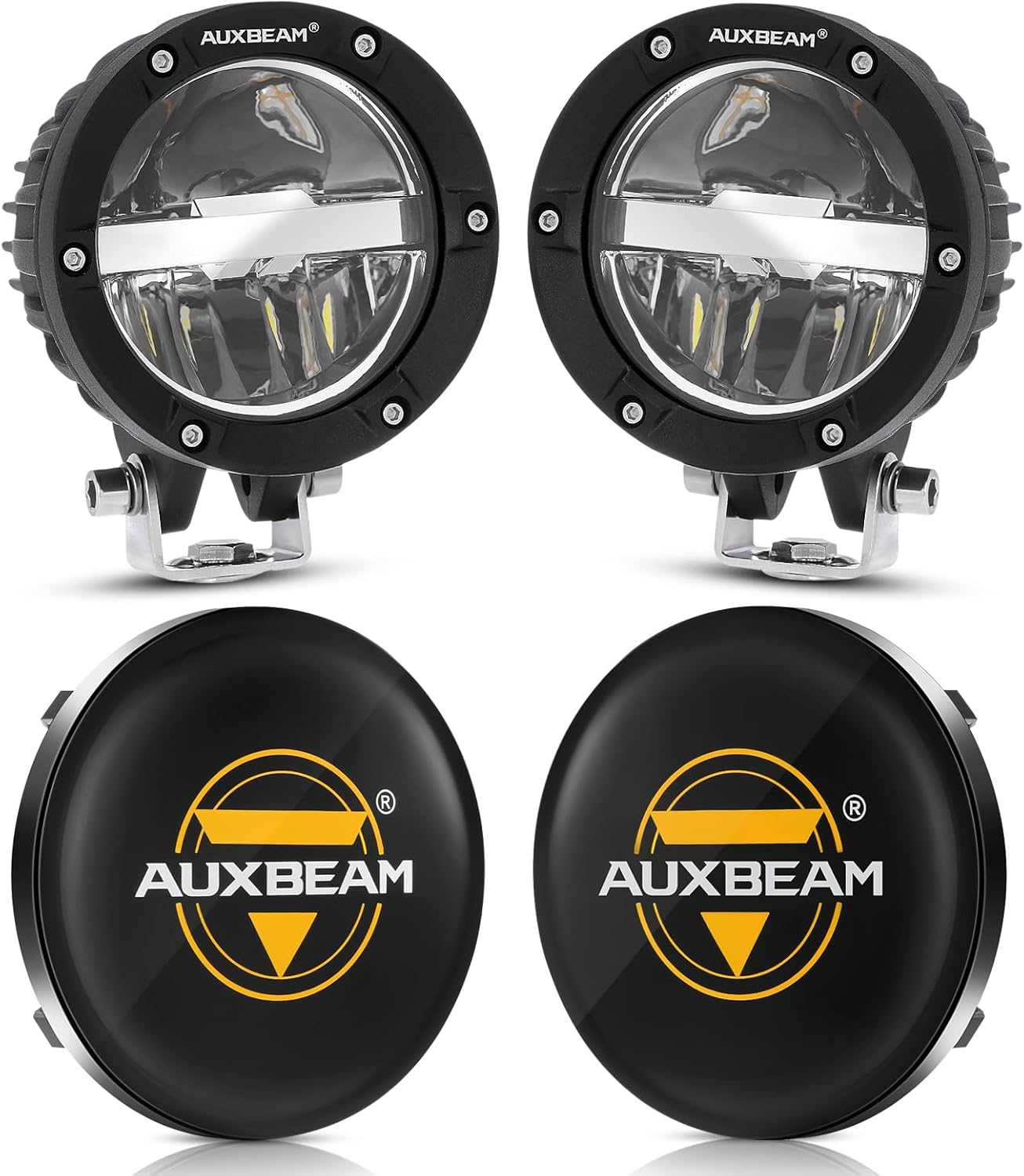 Auxbeam Kit combinado de luces redondas para todo terreno de 4 pulgadas con cubiertas negras, 100 W, 10000 lúmenes, diseño de haz HiLoCombo LED, luz