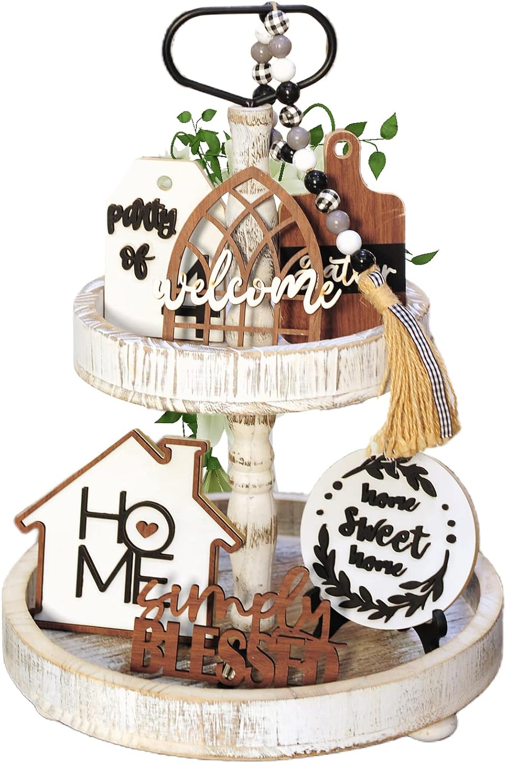8 Pieces Farmhouse Tiered Tray Decor Set – Wooden Rustic Home Tier Tray Decorative Item for Sweet Home & Kitchen Table Party Decor