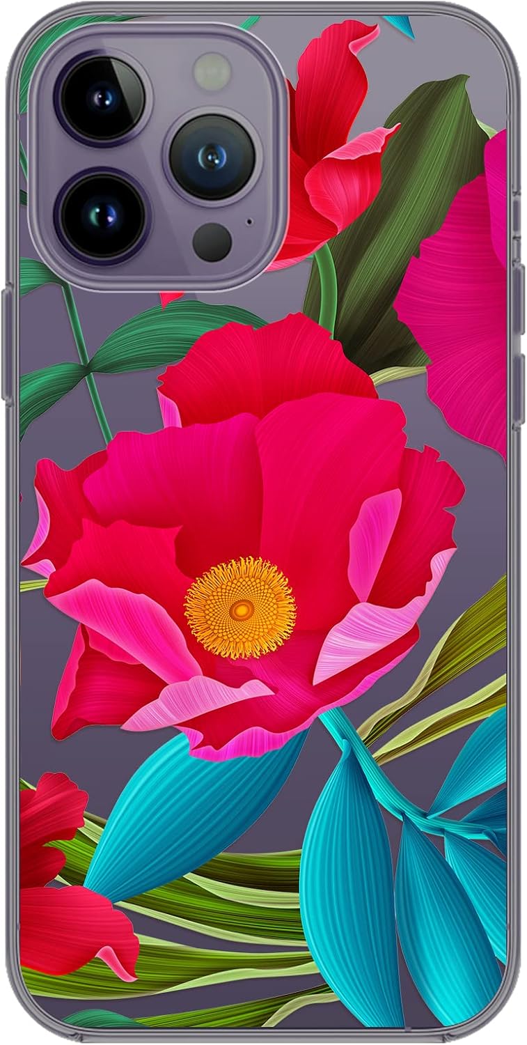 Blingy’s Funda para iPhone 14 Pro, para mujeres y niñas, diseño floral divertido, transparente, suave, TPU transparente, compatible con iPhone 14