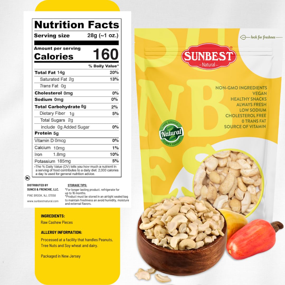 Sunbest Natural Piezas de anacardo, crudas, sin sal, sin tostar, sin OMG, vegano, 15 onzas.