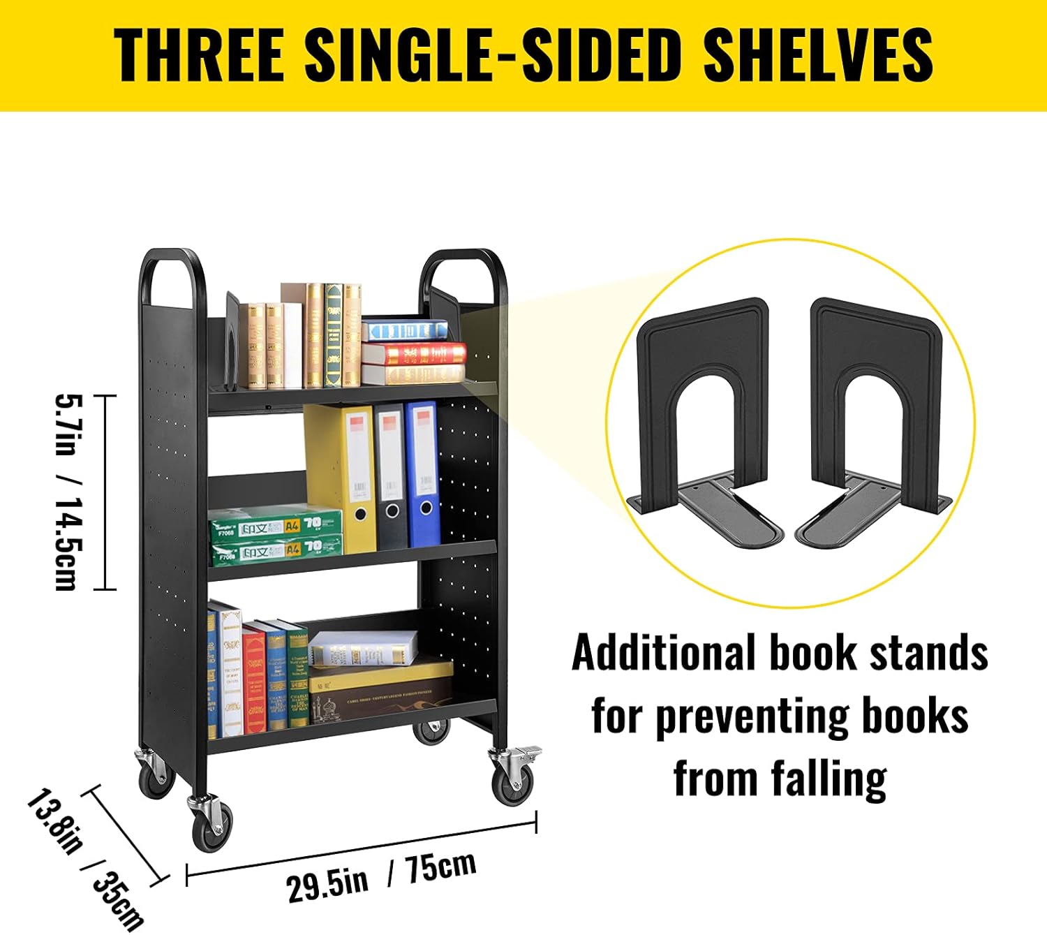 VEVOR Carrito de libros, carrito de biblioteca de 200 libras, carrito de libros rodante de 30 x 14 x 45 pulgadas, estantes inclinados en forma de V