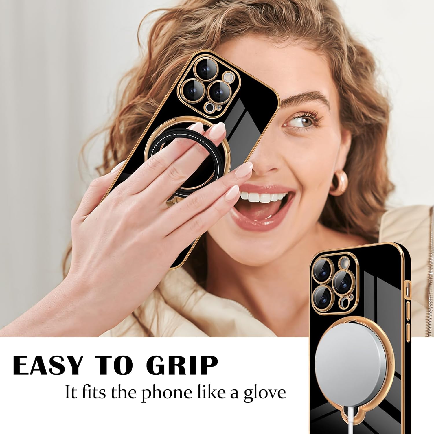 Newseego Funda para iPhone 14 Pro Max, funda de lujo con borde chapado con soporte magnético giratorio de 360 invisible para mujeres, niñas y