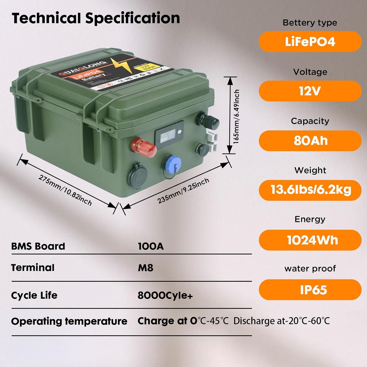 GuaiGLong Batería LiFePO4 de 12 V 80 Ah, batería de motor de arrastre integrada 100 A BMS 1024Wh, más de 8000 baterías de litio de ciclo profundo de