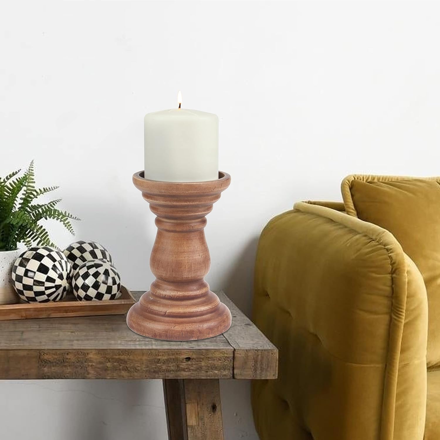 Stonebriar Portavelas de pilar de madera natural decorativo mediano