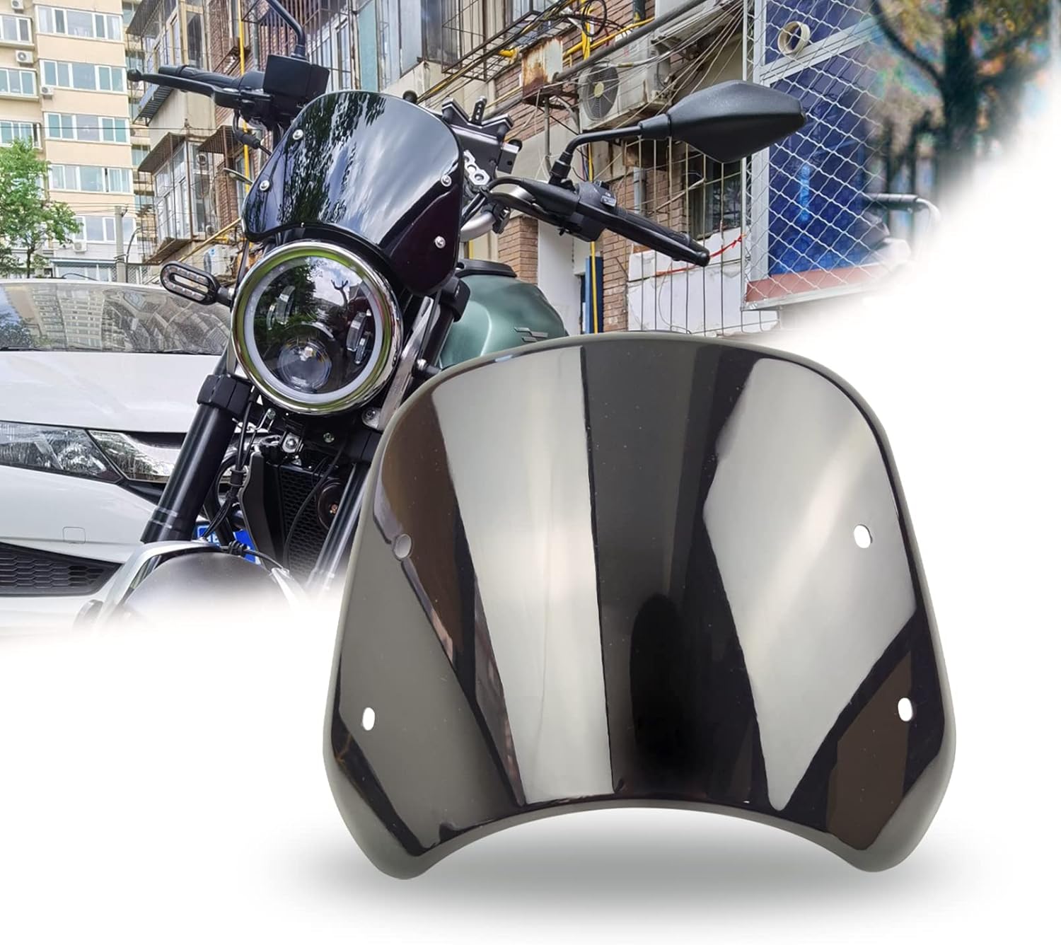 Parabrisas universal para motocicleta, deflector de viento, parabrisas delantero con soporte para moto 5″-7″ LED faro