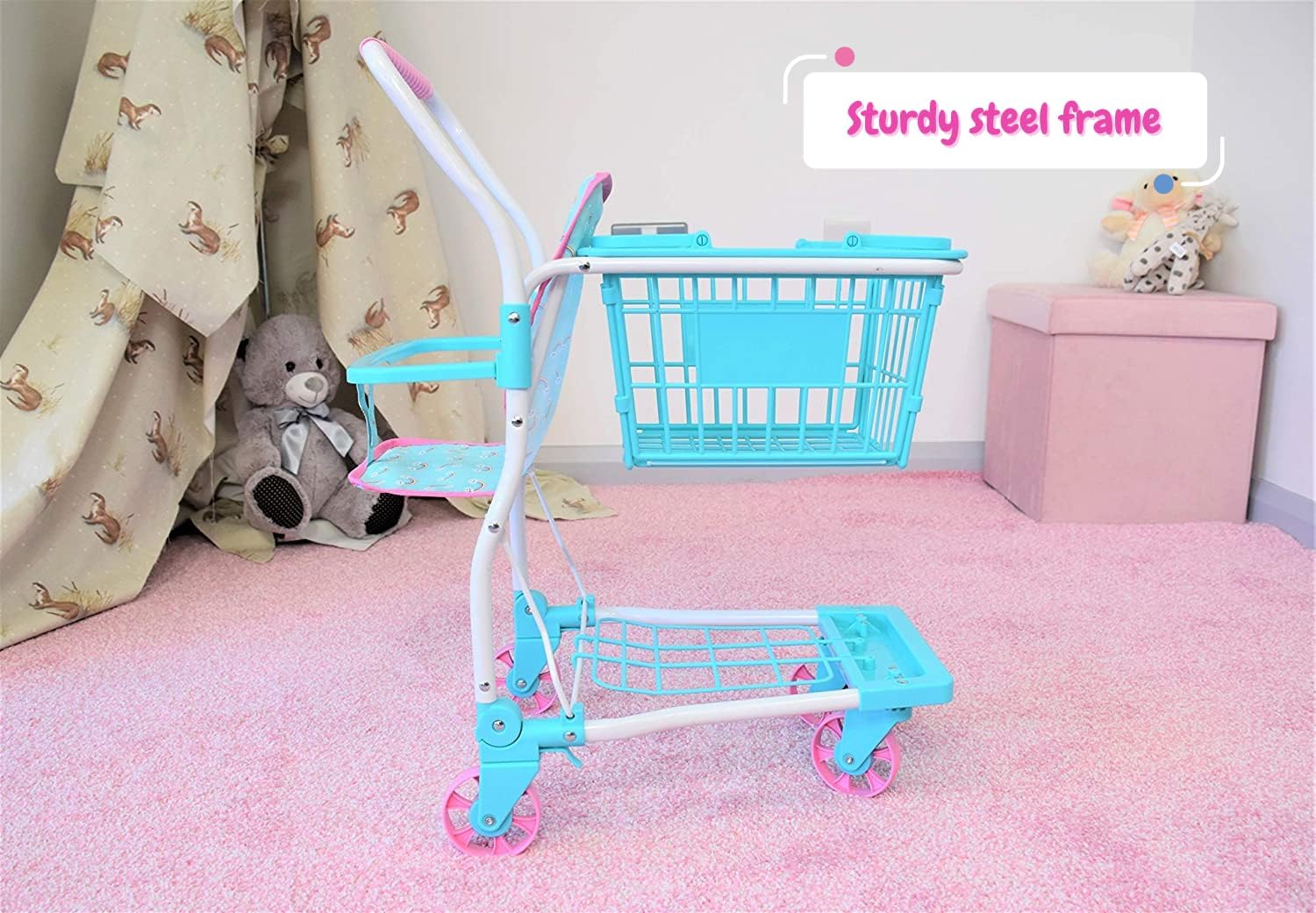 KOOKAMUNGA KIDS Carrito de compras de juguete con cesta de mano extraíble  Carrito de comestibles realista 2 en 1 para niños con soporte de asiento