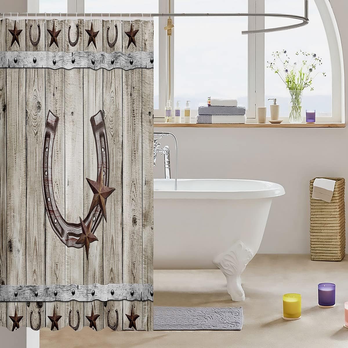 Western Texas – Cortina de baño de 72 pulgadas de ancho x 72 pulgadas de largo, cortina de ducha rústica con estrellas de granja de herradura,