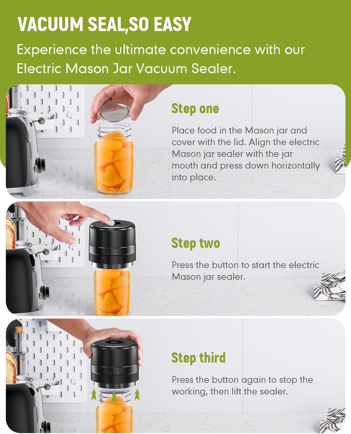 Kit de sellado al vacío eléctrico de tarros Mason – Sellador al vacío inalámbrico todo en uno para tarros Mason de boca regular y boca ancha con