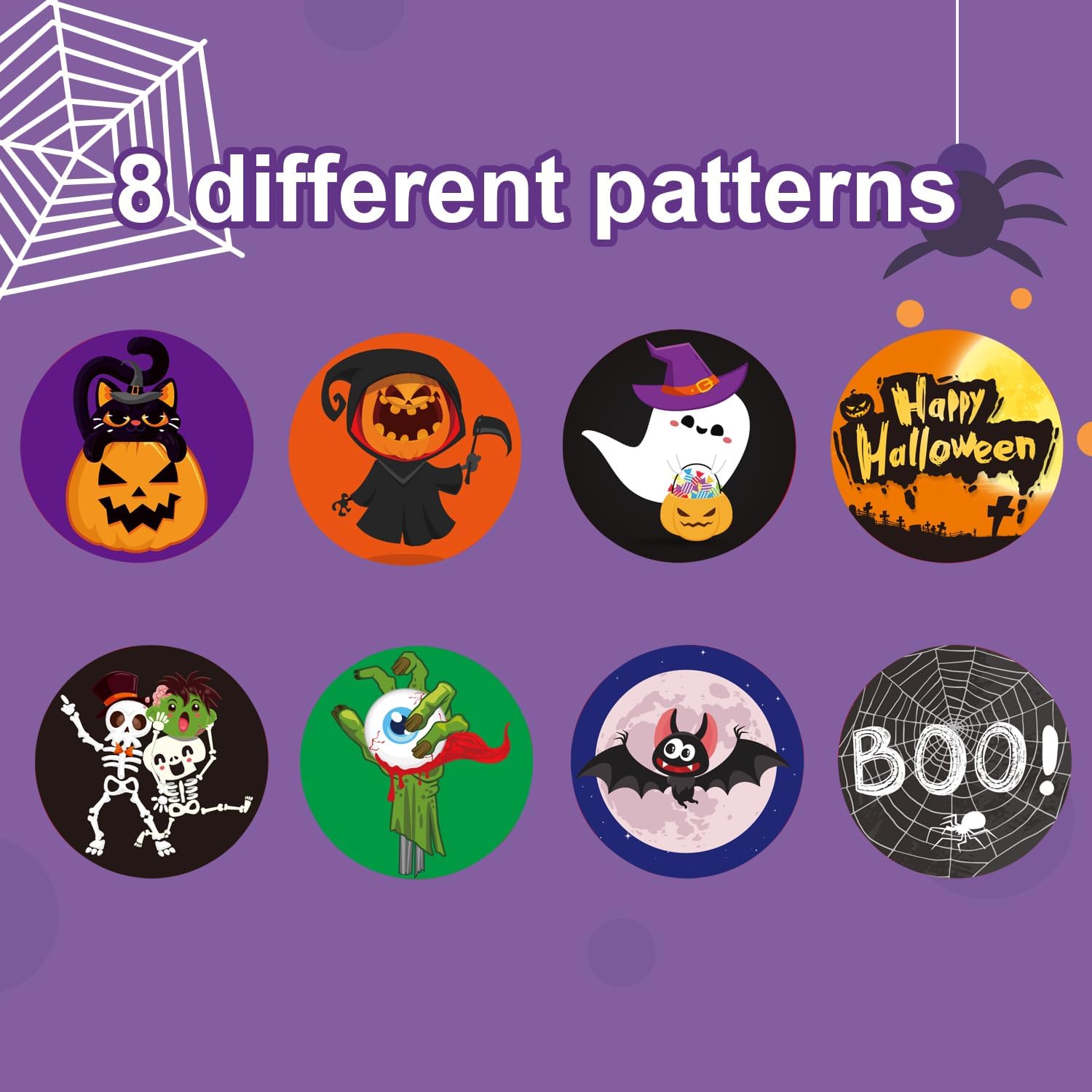 500 calcomanías de Halloween de 1.5 pulgadas, 8 colores y diseños, calcomanías redondas de Halloween, calcomanías de calabaza, murciélago, araña,