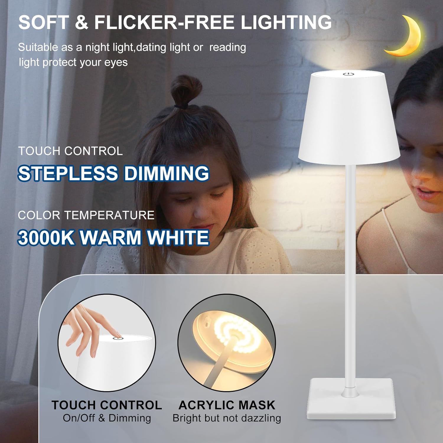 Aiwewin Lámpara de mesa inalámbrica, lámpara de escritorio LED portátil, funciona con pilas, luz de mesa de 5000 mAh, atenuación de 3 colores,
