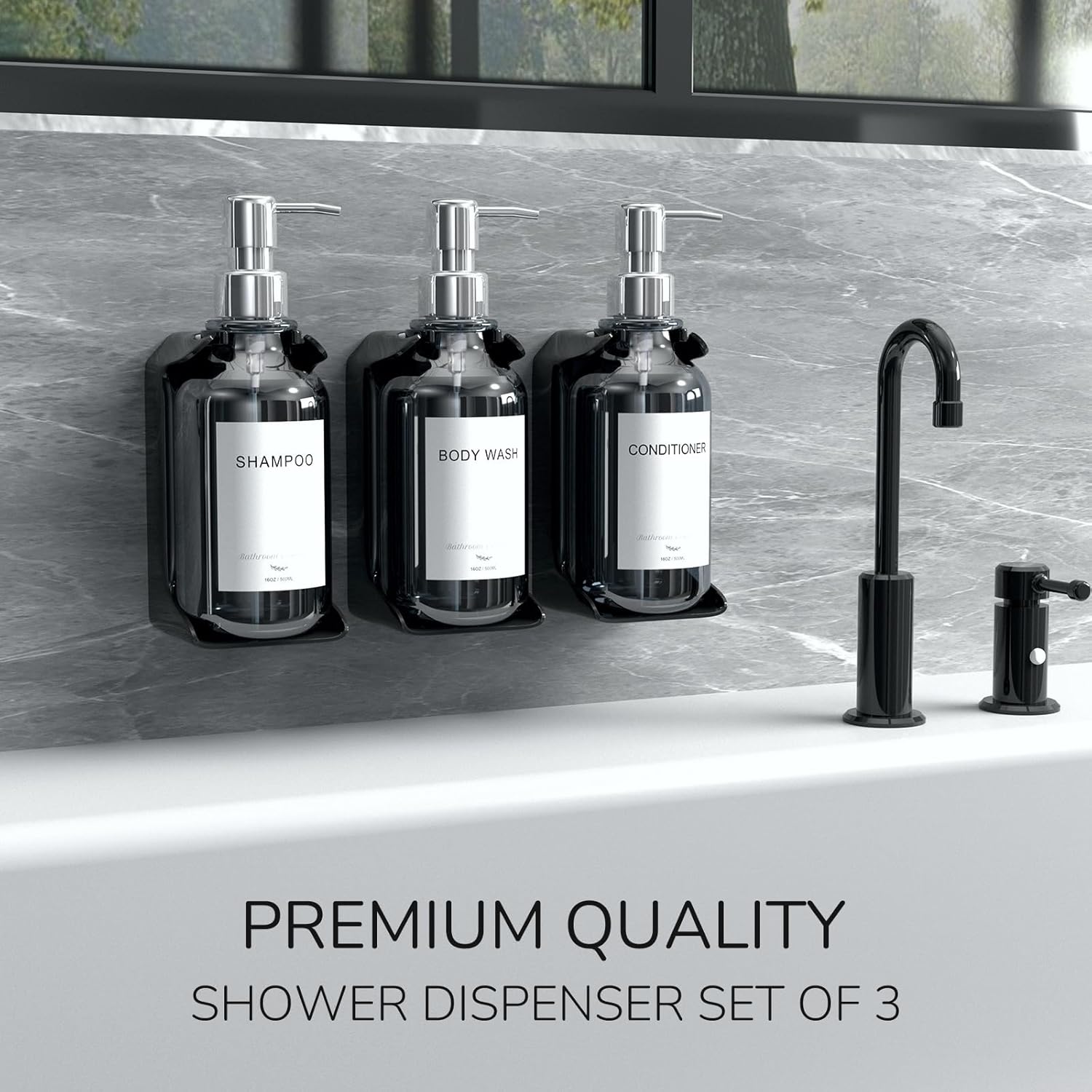 Elegante dispensador de champú y acondicionador de pared, juego de 3 dispensadores de jabón de ducha de 16 onzas sin taladro, 3 cámaras con 6