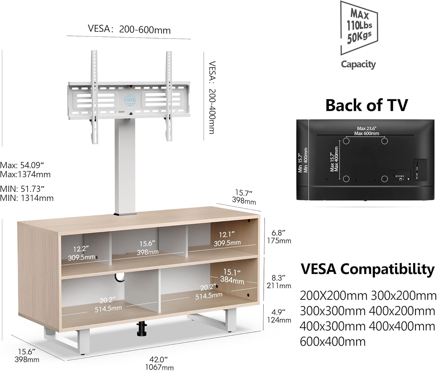 FITUEYES Soporte de TV con soporte para televisores de 32 a 70 pulgadas, centro de entretenimiento con consola de madera con capacidad para hasta