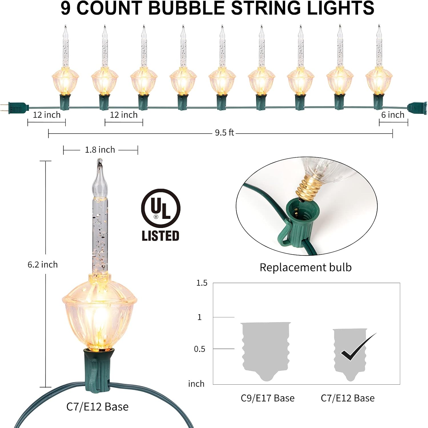 Luces de burbujas navideñas  9 bombillas transparentes tradicionales con purpurina plateada para iluminación de celebraciones navideñas, alambre
