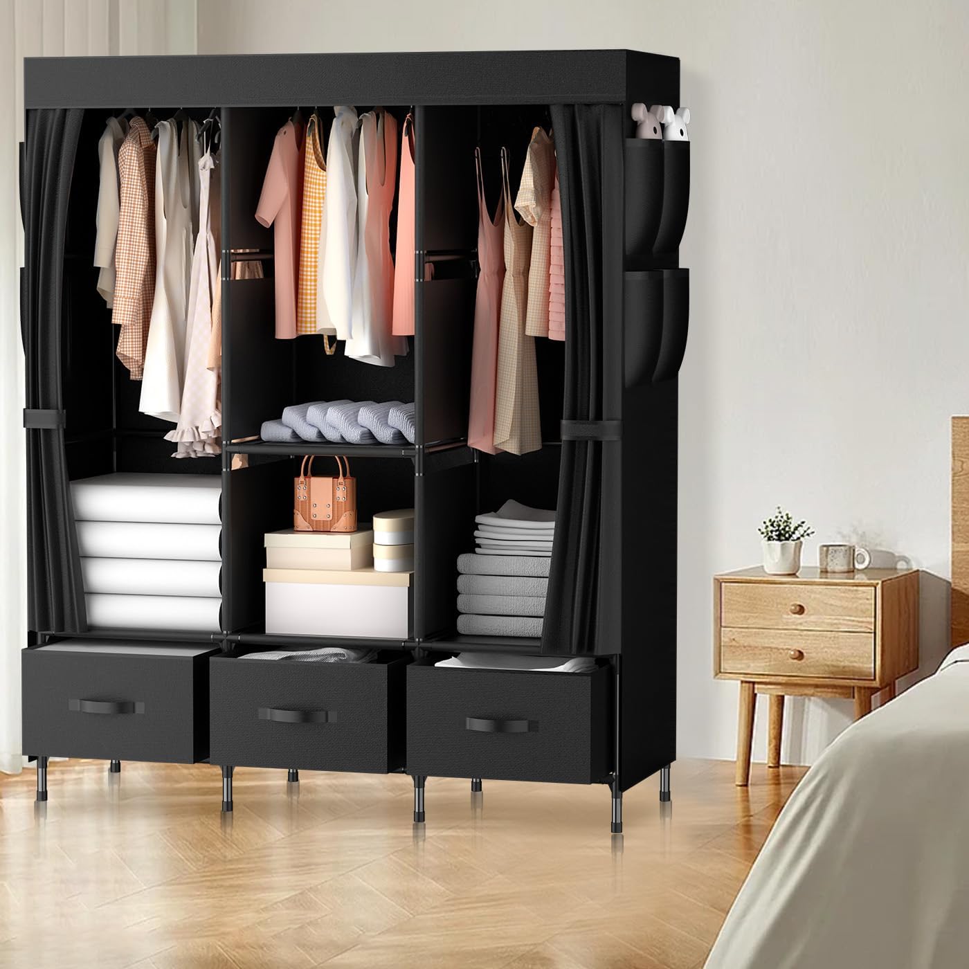 LOEFME Armario portátil, armario para colgar ropa con 3 cajones y varillas para colgar, armarios portátiles de 47 x 15.7 x 67 pulgadas para