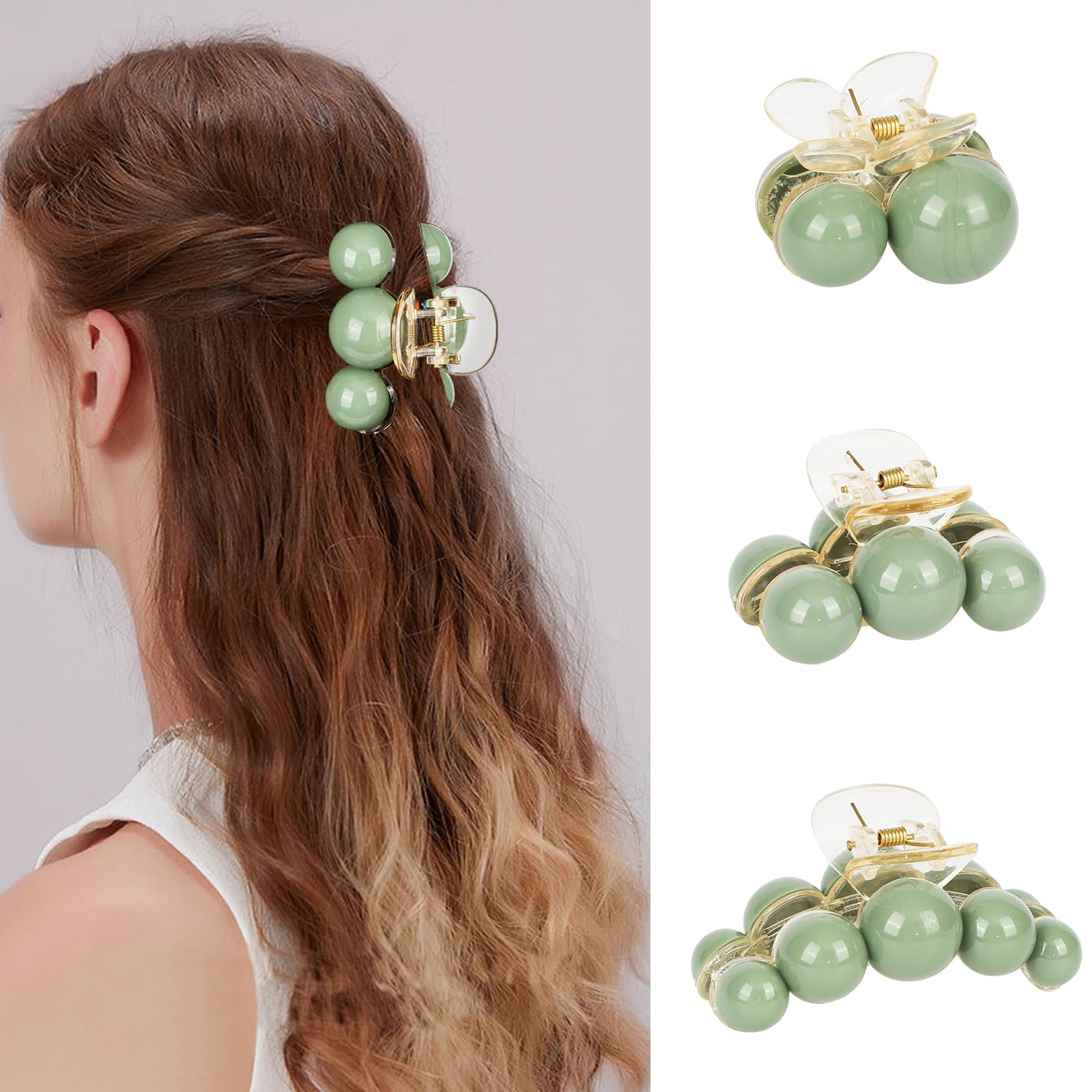 3 pinzas para el cabello con perlas verdes, pinzas de resina acrílica, lindas pinzas para el cabello medianas y pequeñas, pinzas antideslizantes
