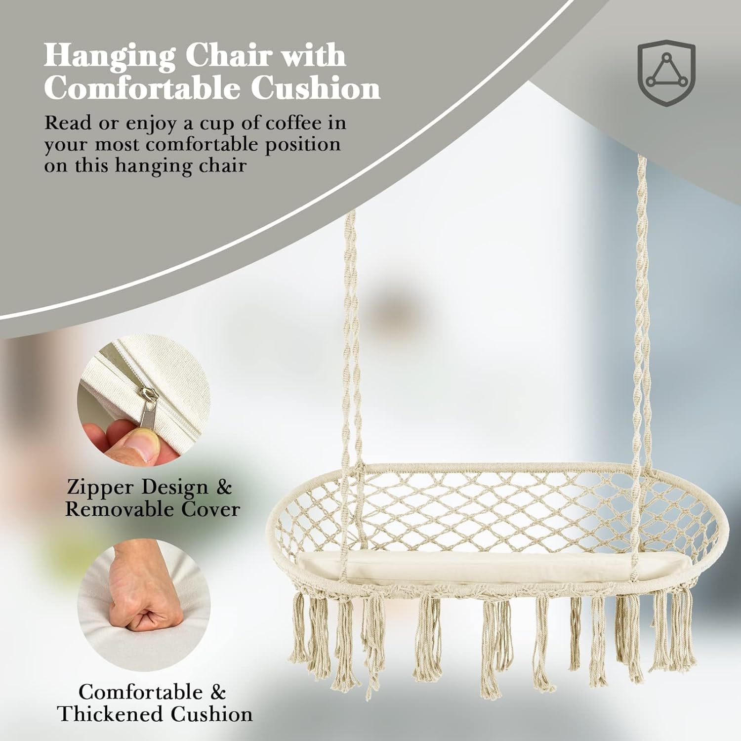 HAPPYGRILL Hamaca colgante para 2 personas con cojín, silla columpio colgante, estilo platillo, silla columpio de macramé, silla columpio de