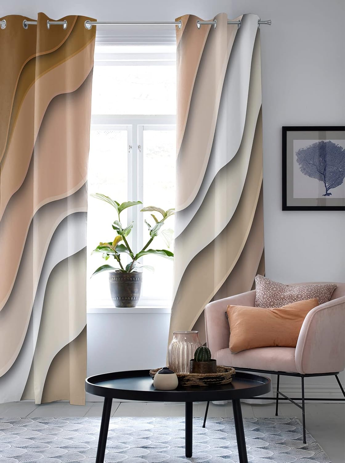 Libaoge Curtains Panels for Kitchen Modern Abstract Geometric Brown Gradient Window Curtains Light Filtering Grommet Top Drapes for Bedroom