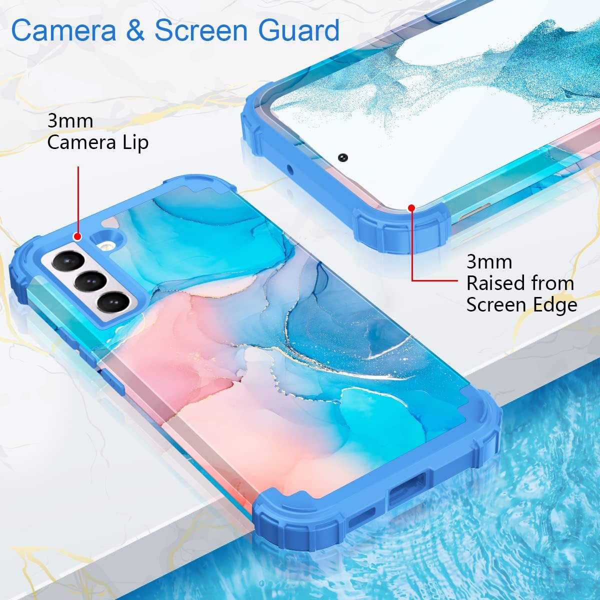 Fingic Funda Samsung Galaxy S22 Plus de mármol 3 en 1, protección híbrida de policarbonato duro, silicona suave, resistente, a prueba de golpes,