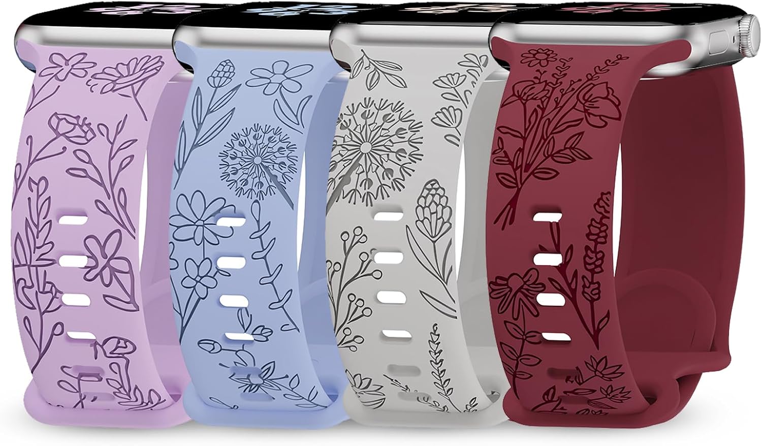 Paquete de 4 correas grabadas florales compatibles con correas de Apple Watch de 1.496 pulgadas, 1.575 pulgadas, 1.614 pulgadas, 1.654 pulgadas,