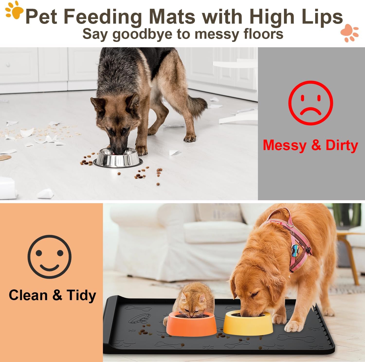 Tapete de silicona para comida y agua para perros de 28 x 20 pulgadas con bolsillo para recolección de residuos, tapete impermeable para cuenco de