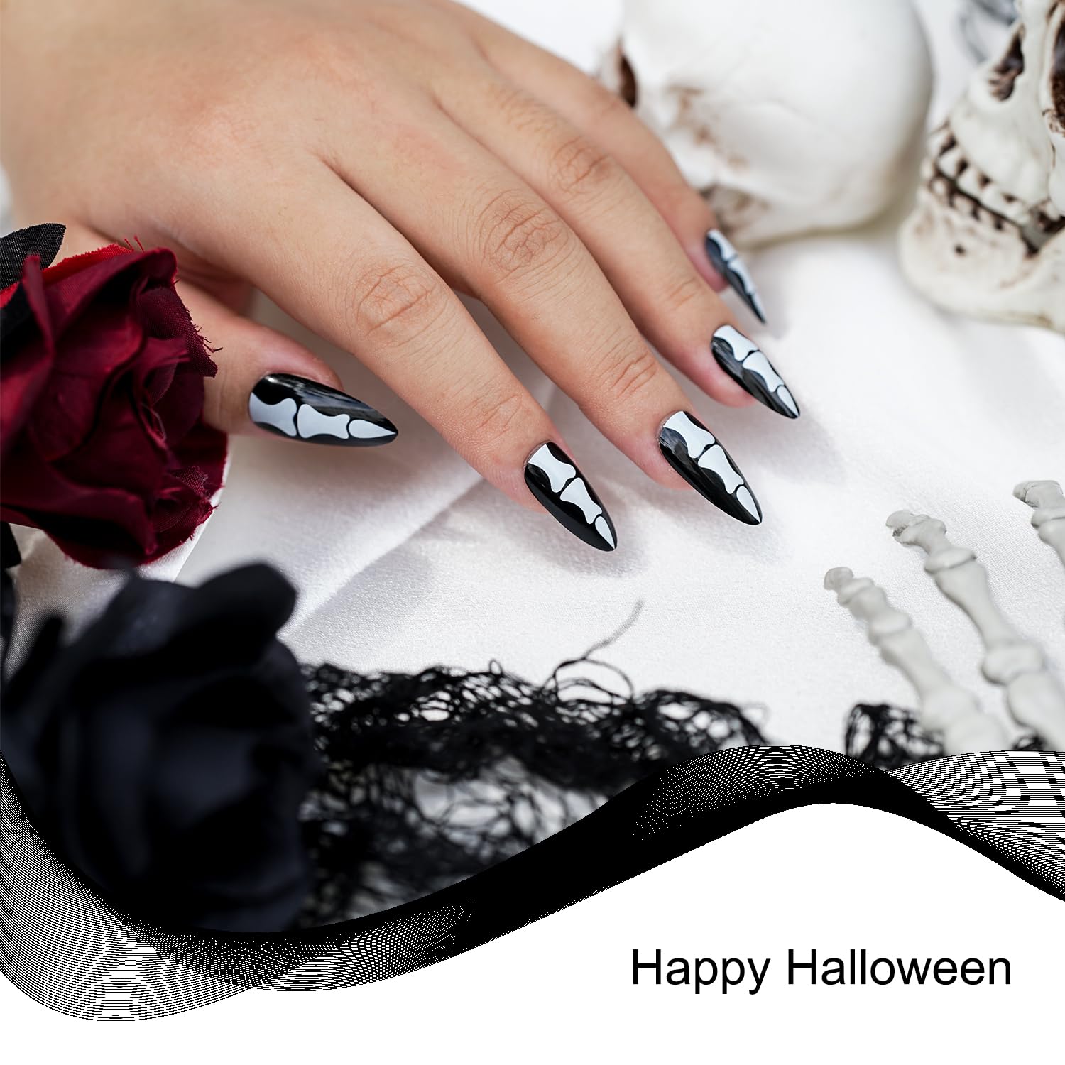 Uñas postizas a presión de huesos góticos, con temática de Halloween, 24 piezas de diseños largos horribles de cobertura completa, uñas postizas de
