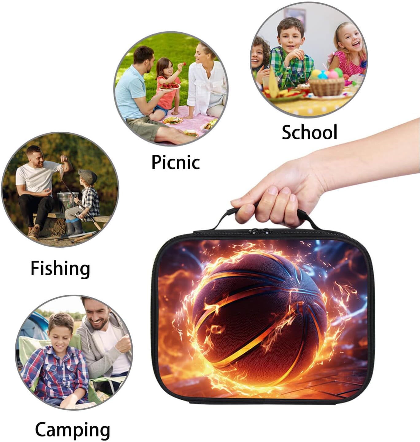 Fiambrera de baloncesto de fuego para niños y niñas, bolsa de almuerzo con doble aislamiento para niños en la escuela primaria, tela de poliéster