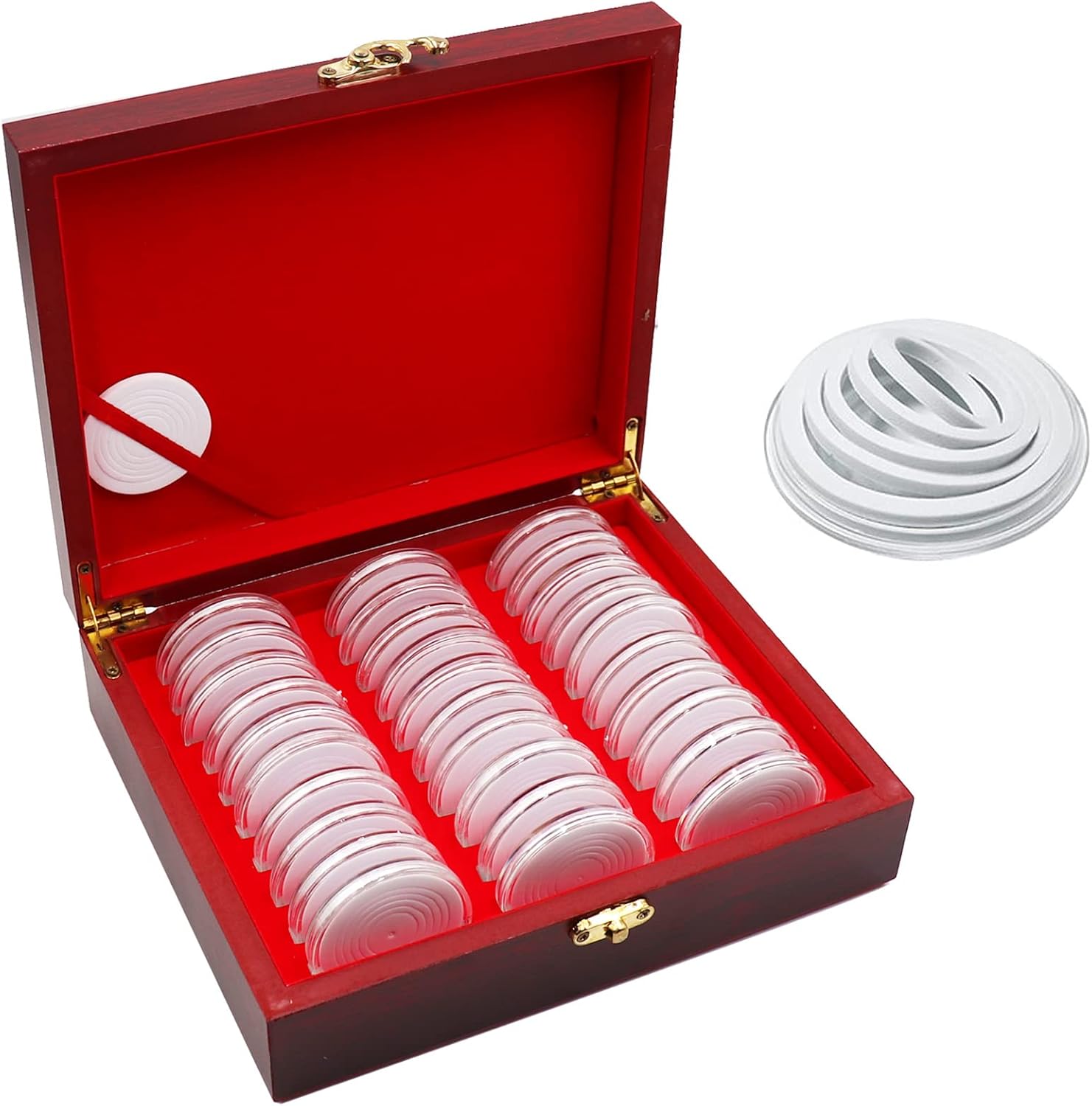 30 unidades de 1.811 in de madera para monedas de 1.81 pulgadas, caja de colección de monedas con cerradura, 6 tamaños (20253035401.811 in)