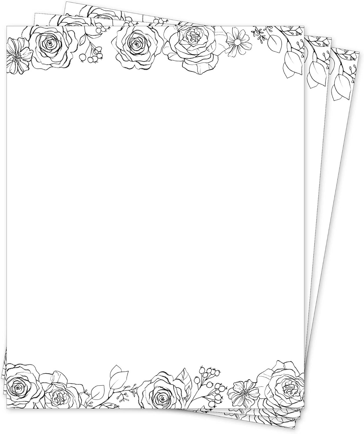 Papel de papelería floral, 50 hojas, papel membrete de flores en blanco y negro de 8.5 x 11 pulgadas, elegante papel de escritura, bonito papel