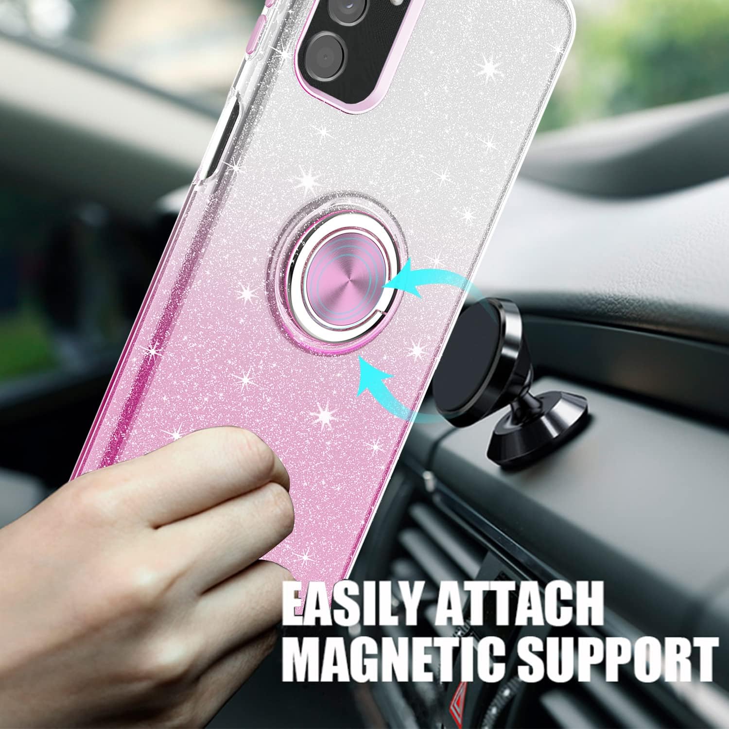 TJS Funda compatible con Samsung Galaxy A14 5G, con protector de pantalla de vidrio templado, anillo de metal, soporte magnético, tono brillante,