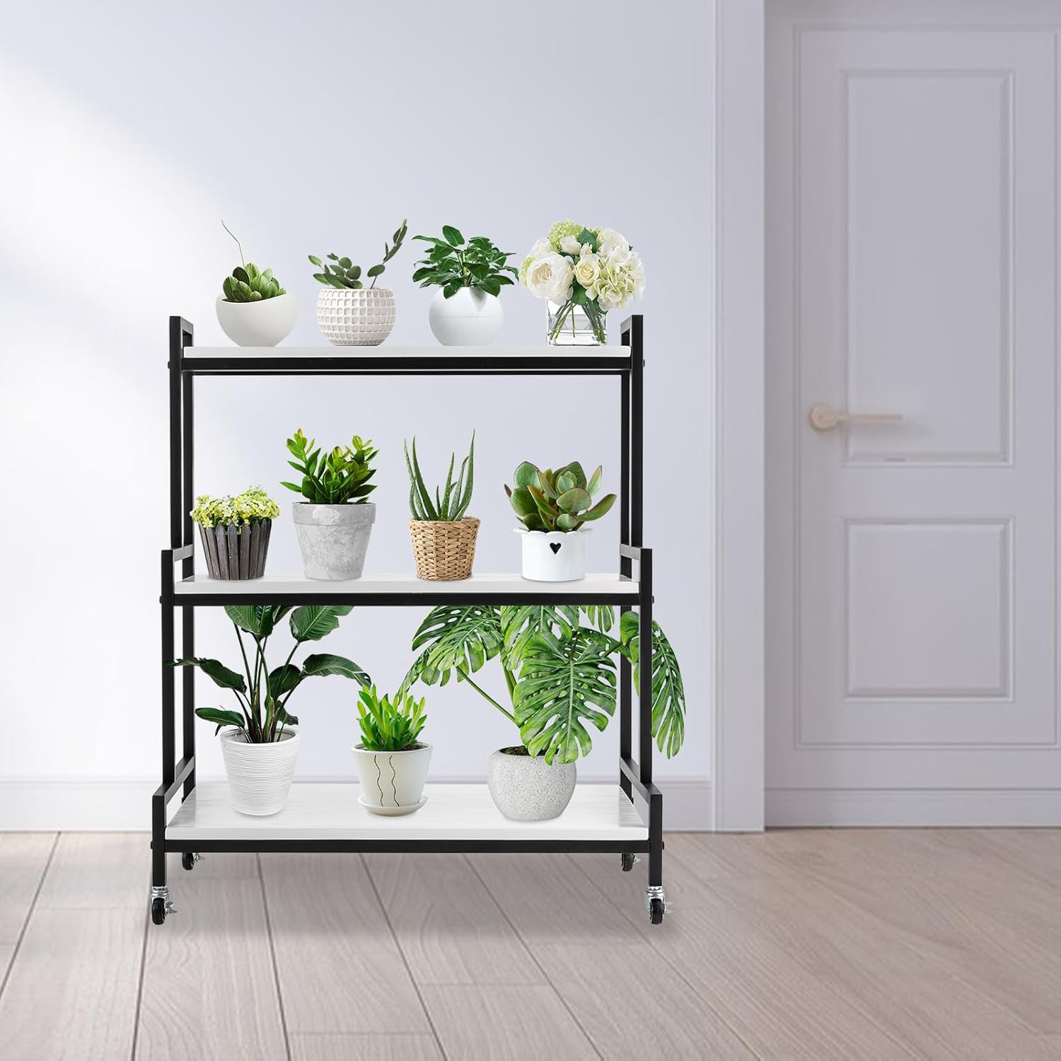 Soporte para plantas de 3 niveles para interiores y exteriores, soporte rústico para macetas con ruedas, estante de exhibición de plantas de madera