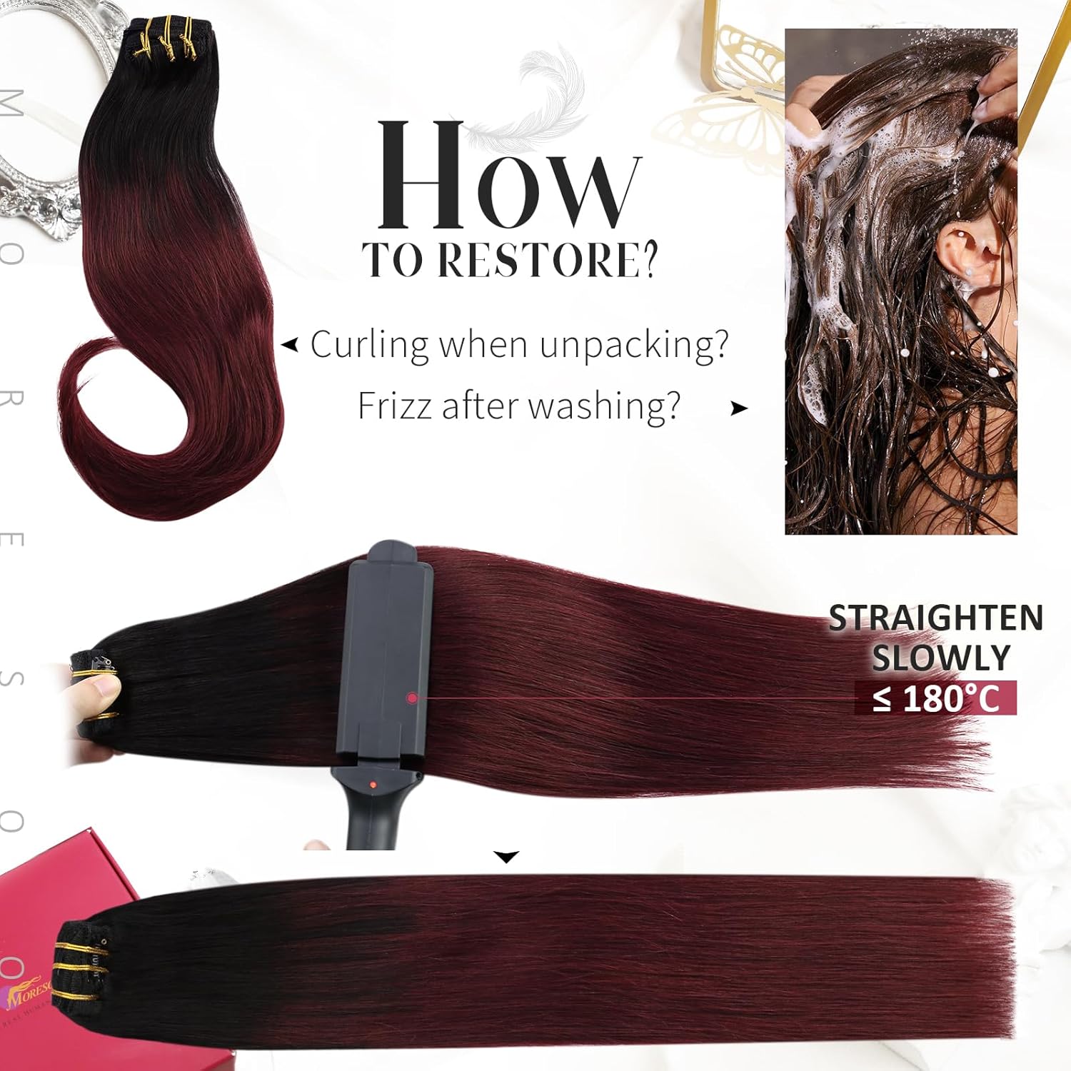 Moresoo Extensiones de cabello humano real con clip, balayage, color negro a vino tinto, extensiones de cabello humano con clip de doble trama, 7