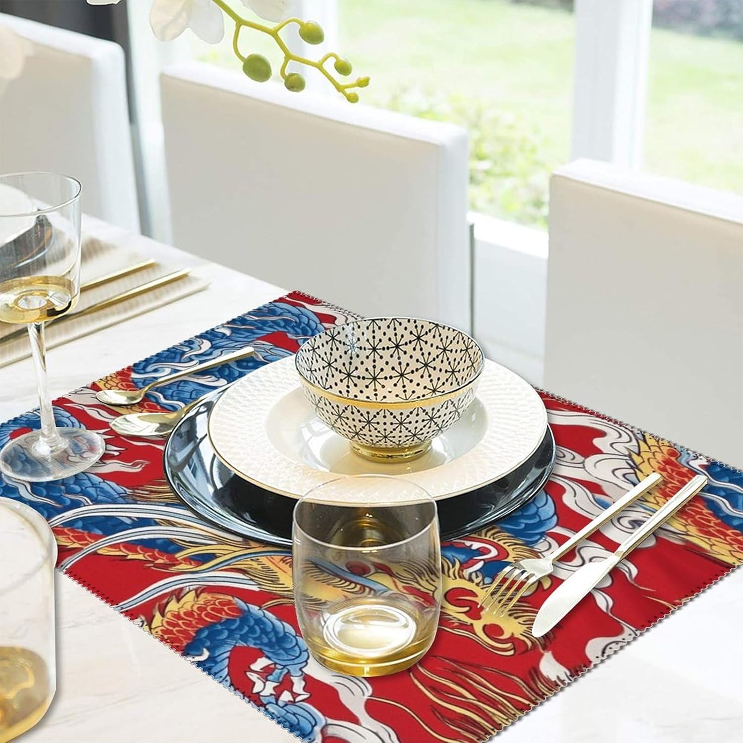 Juego de 4 manteles individuales de dragón chino naranja, rojo y azul, estilo granja, para mesa de comedor, cocina, hotel, decoración lavable