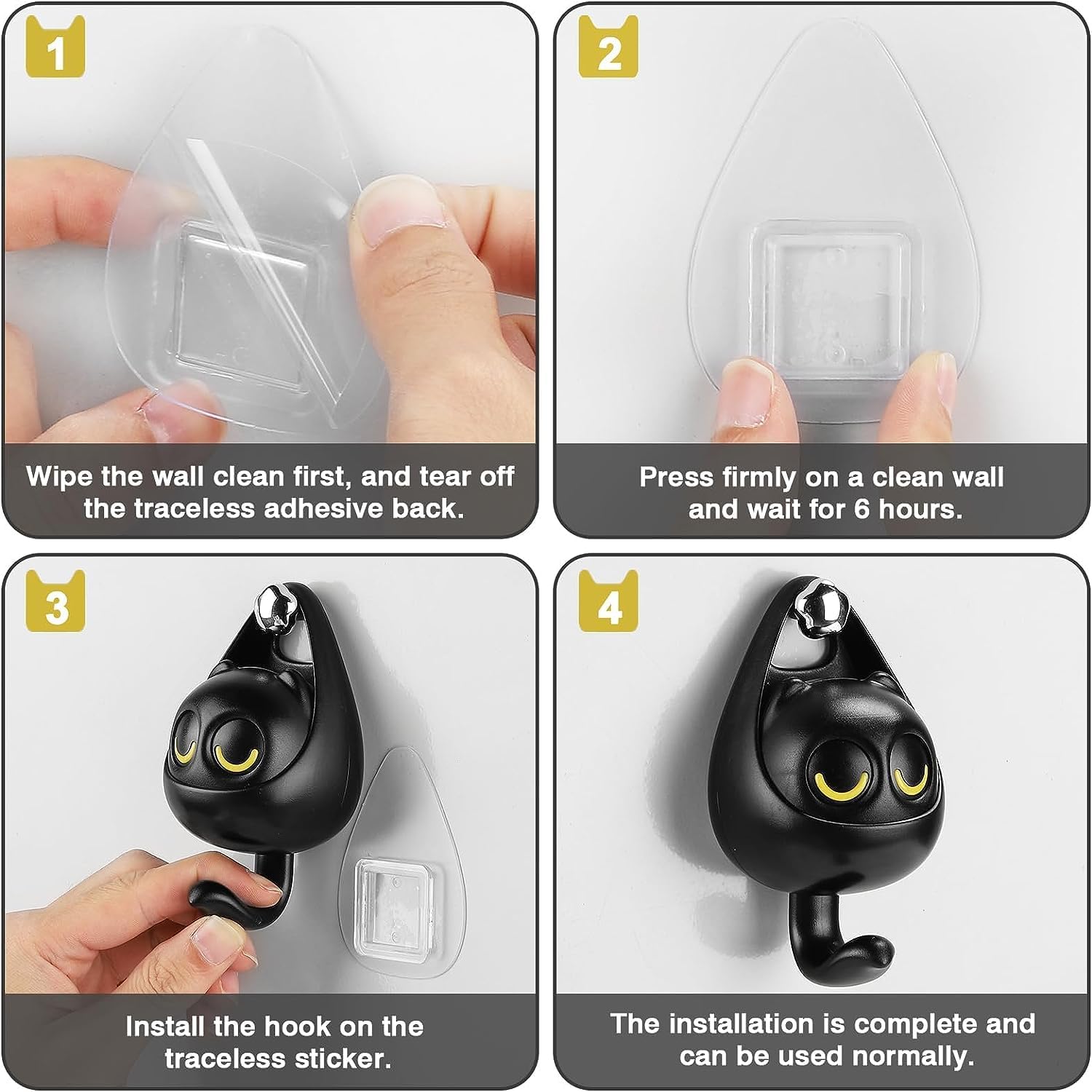 AMZWISH 2 ganchos de gato para pared, bonito gancho adhesivo para decoración de habitación de niñosoficina, bolsa creativa para abrigo, bolso,