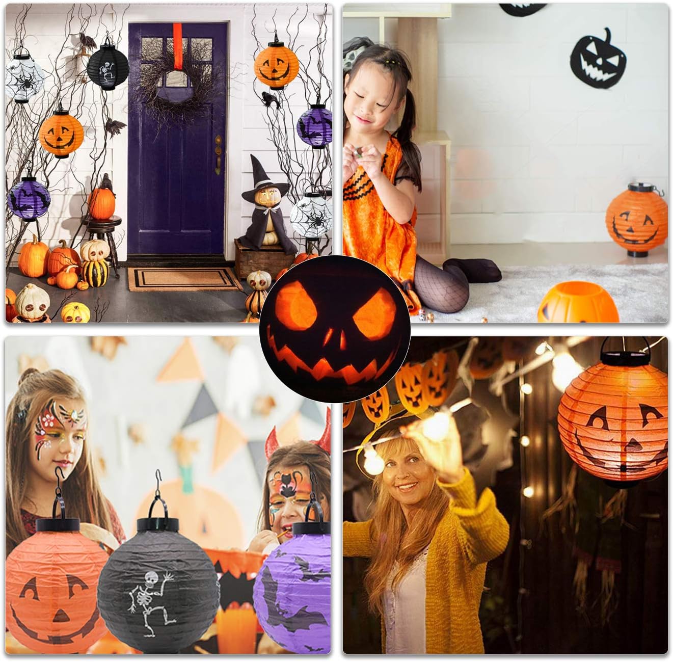 Bimkole Paquete de 4 faroles de papel para decoración de Halloween con calavera de araña, esqueleto, murciélago, calabaza, sonriente, para el hogar,