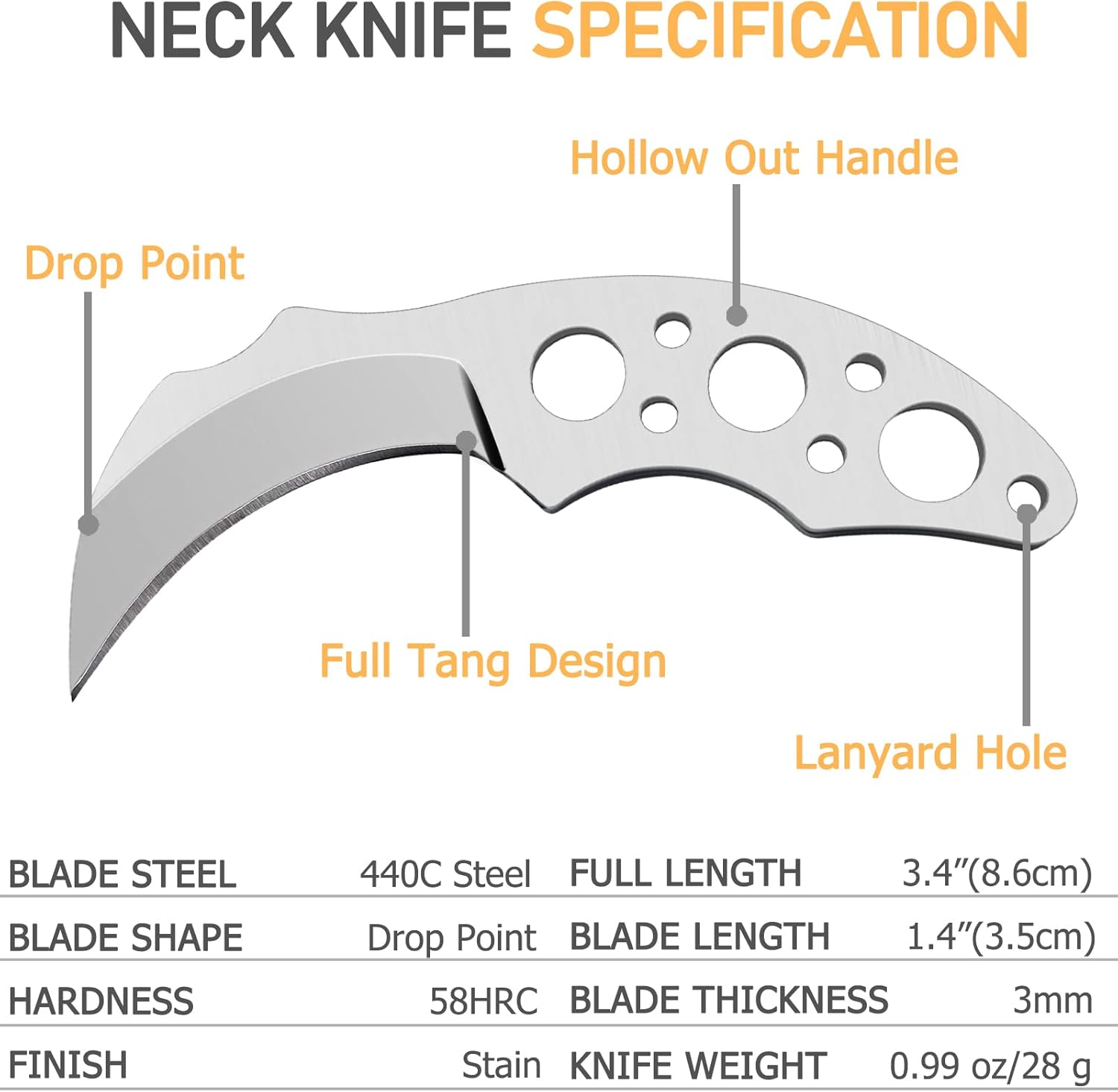 LFHC Cuchillo pequeño de hoja fija con cuello de garra con funda Kydex, collar mini EDC cuchillo táctico de bolsillo, cuchillo de caza de