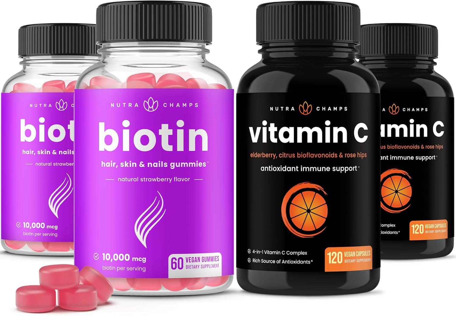 NutraChamps Gomitas de biotina (paquete de 2) y cápsulas de vitamina C (paquete de 2) paquete de 4 unidades