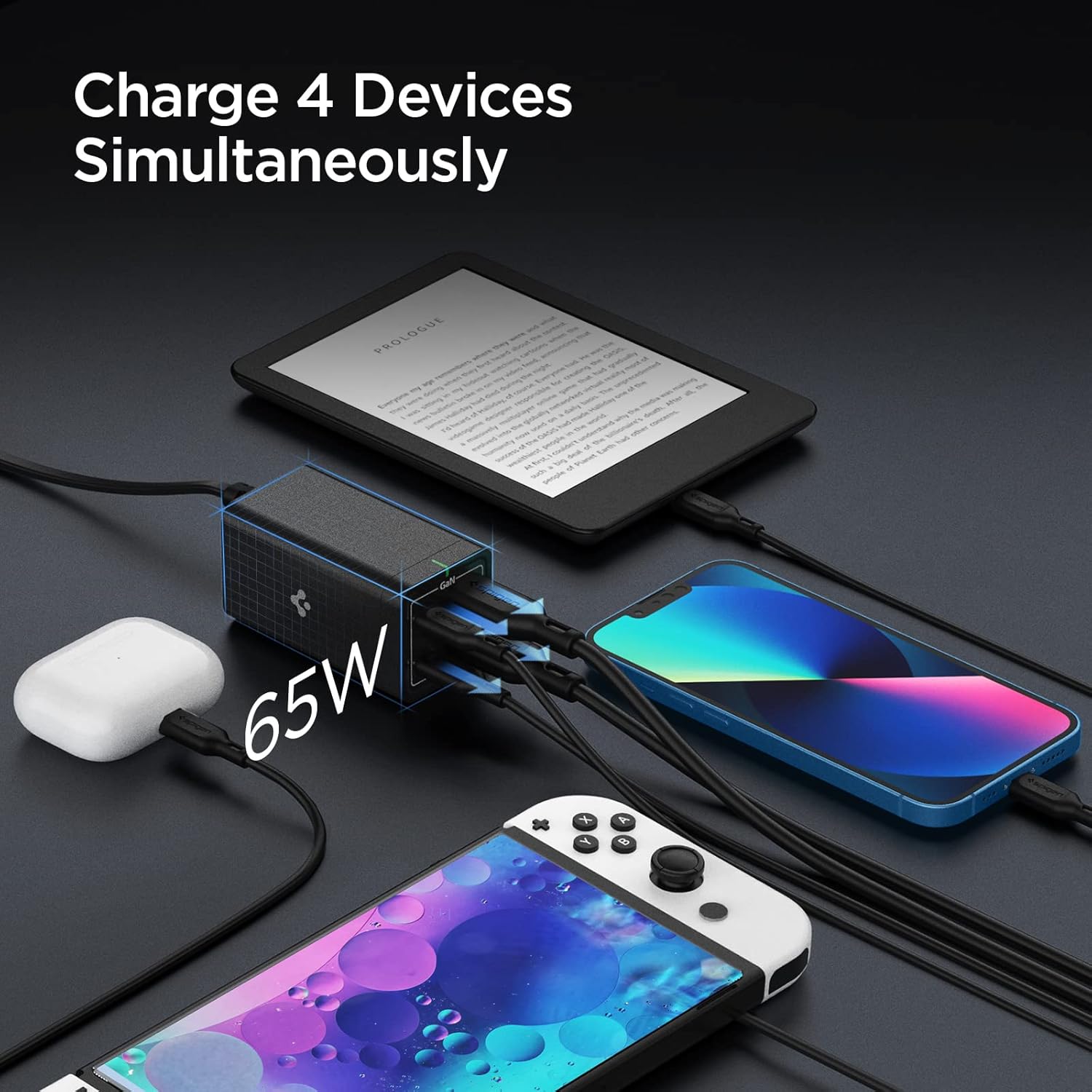 Cargador USB C, Spigen 65 W GaN III Estación de carga USB C de 4 puertos, USB-C PDUSB-A carga rápida para MacBook iPad M2 M1 Pro Air iPhone 16 15 14