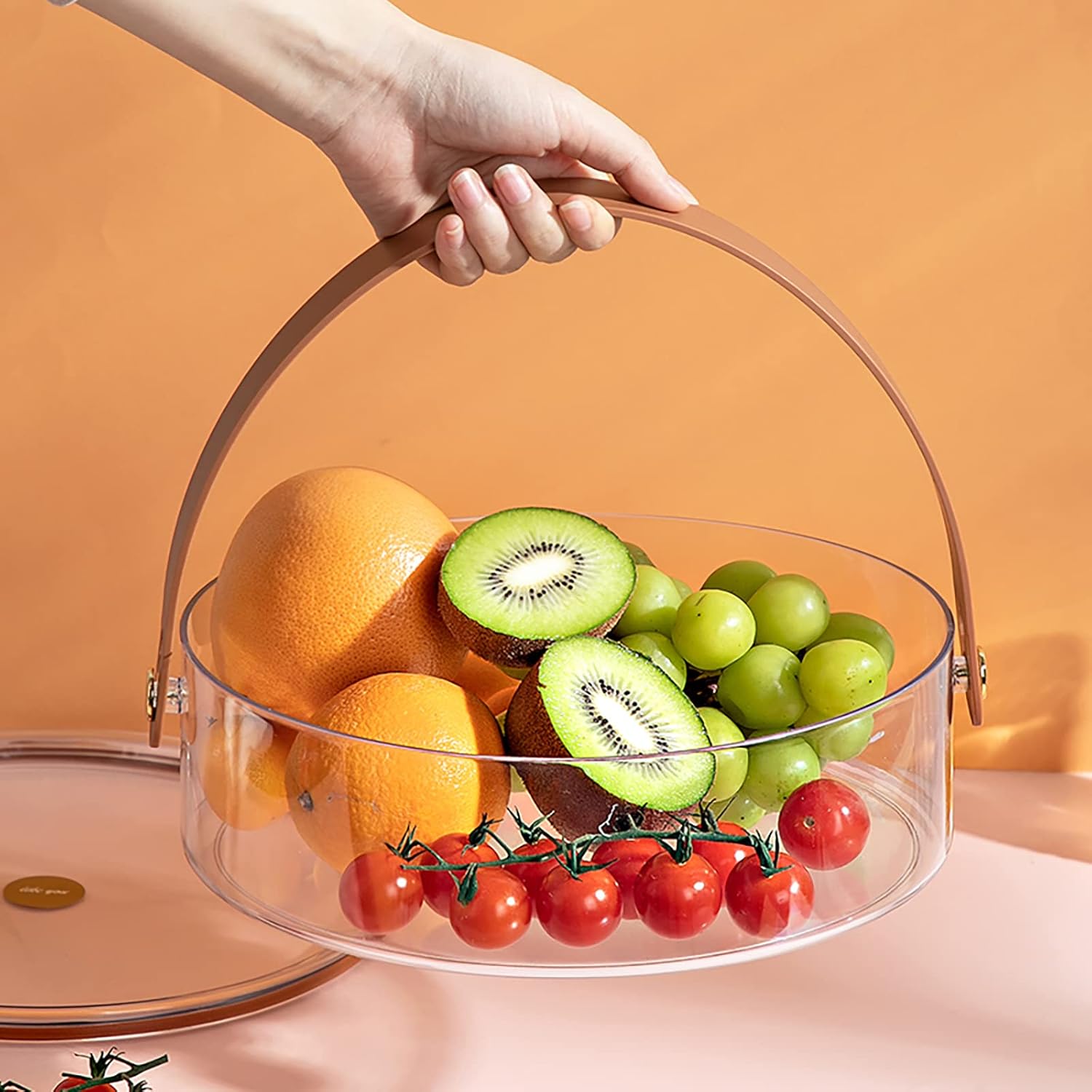 Bandeja transparente dividida para servir con tapa y asa, bandeja redonda portátil de plástico para verduras, caja de almacenamiento de alimentos