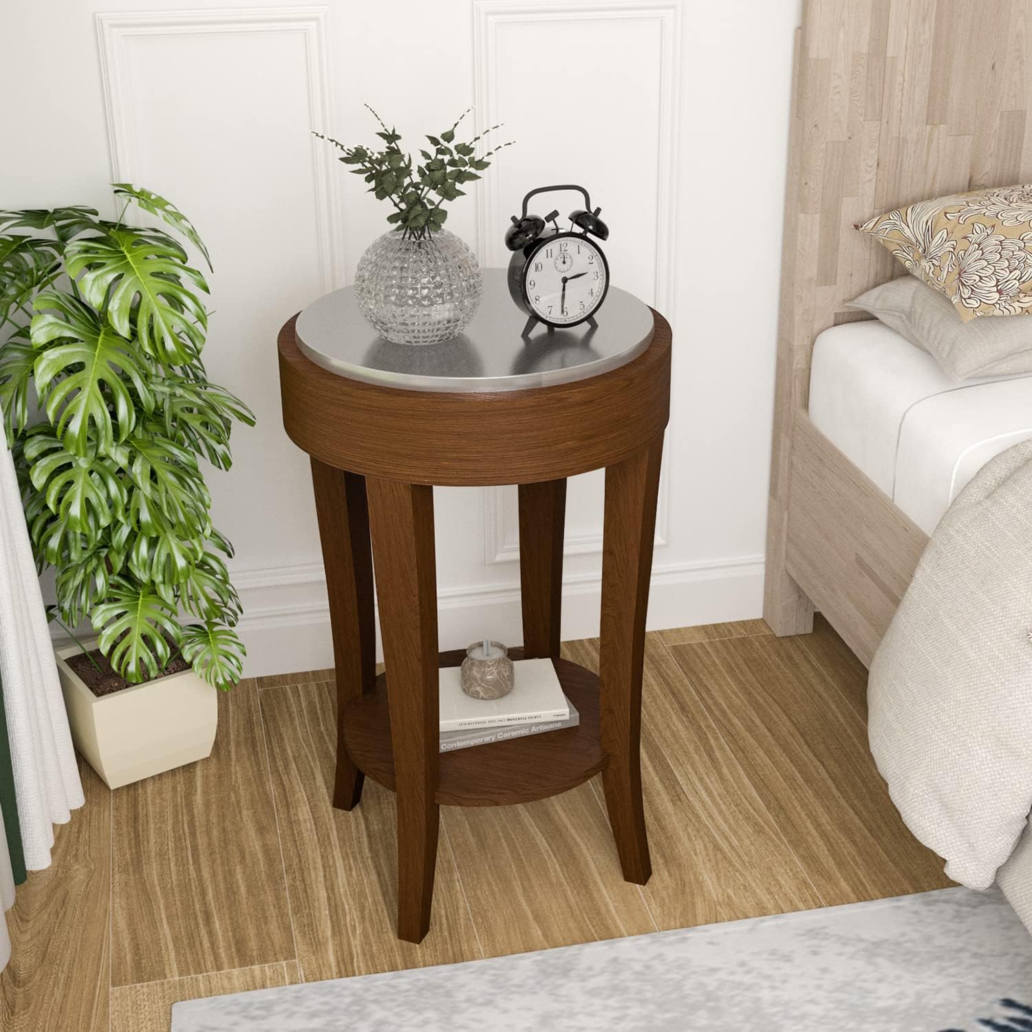 HOMPUS Juego de mesa auxiliar redonda moderna de 2 con estante de almacenamiento, mesita de noche de madera de 2 niveles con acabado de grano de
