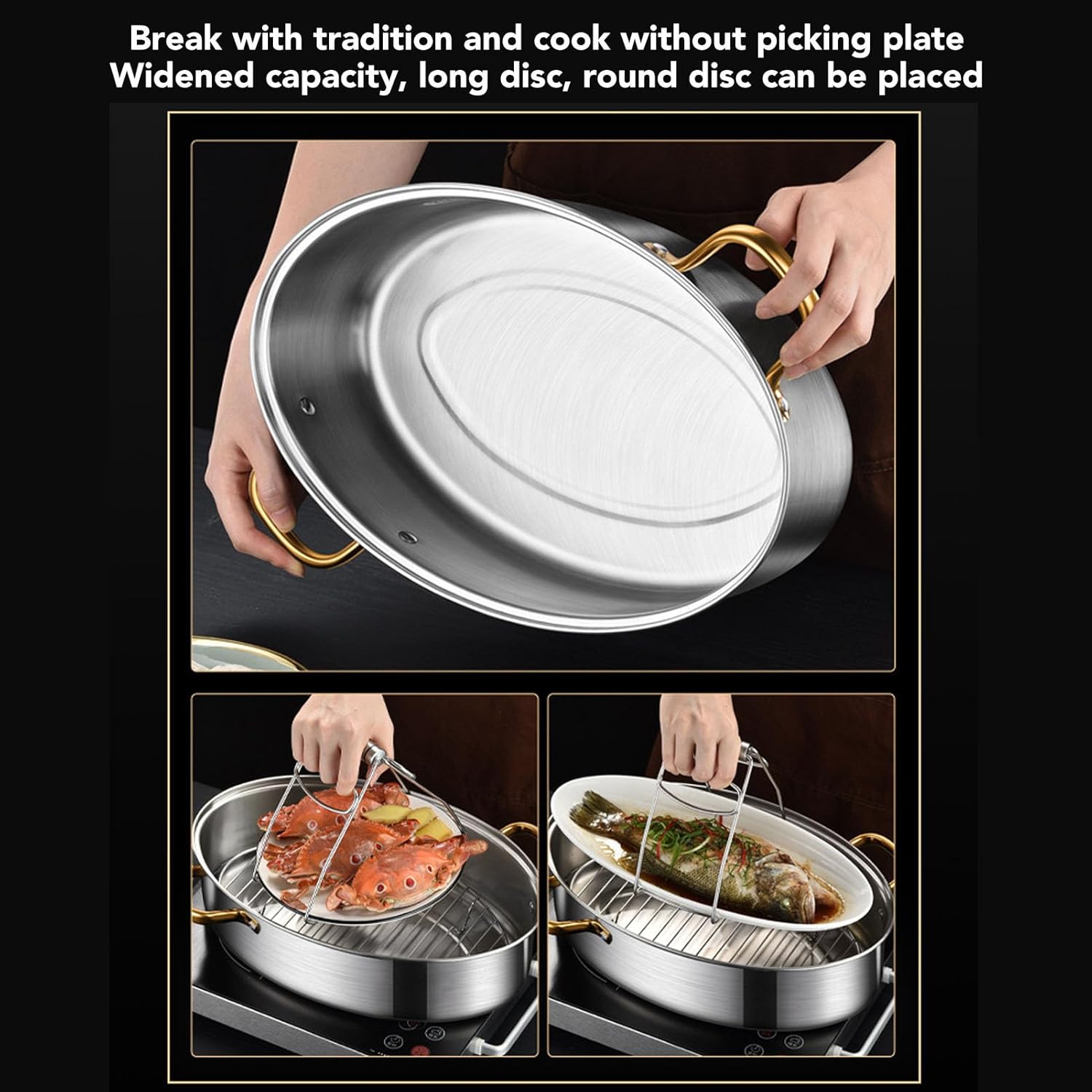 Vaporizador de pescado de acero inoxidable, olla ovalada resistente con tapa de sartén de cerámica, olla de cocina multiusos para cocinar sopa de