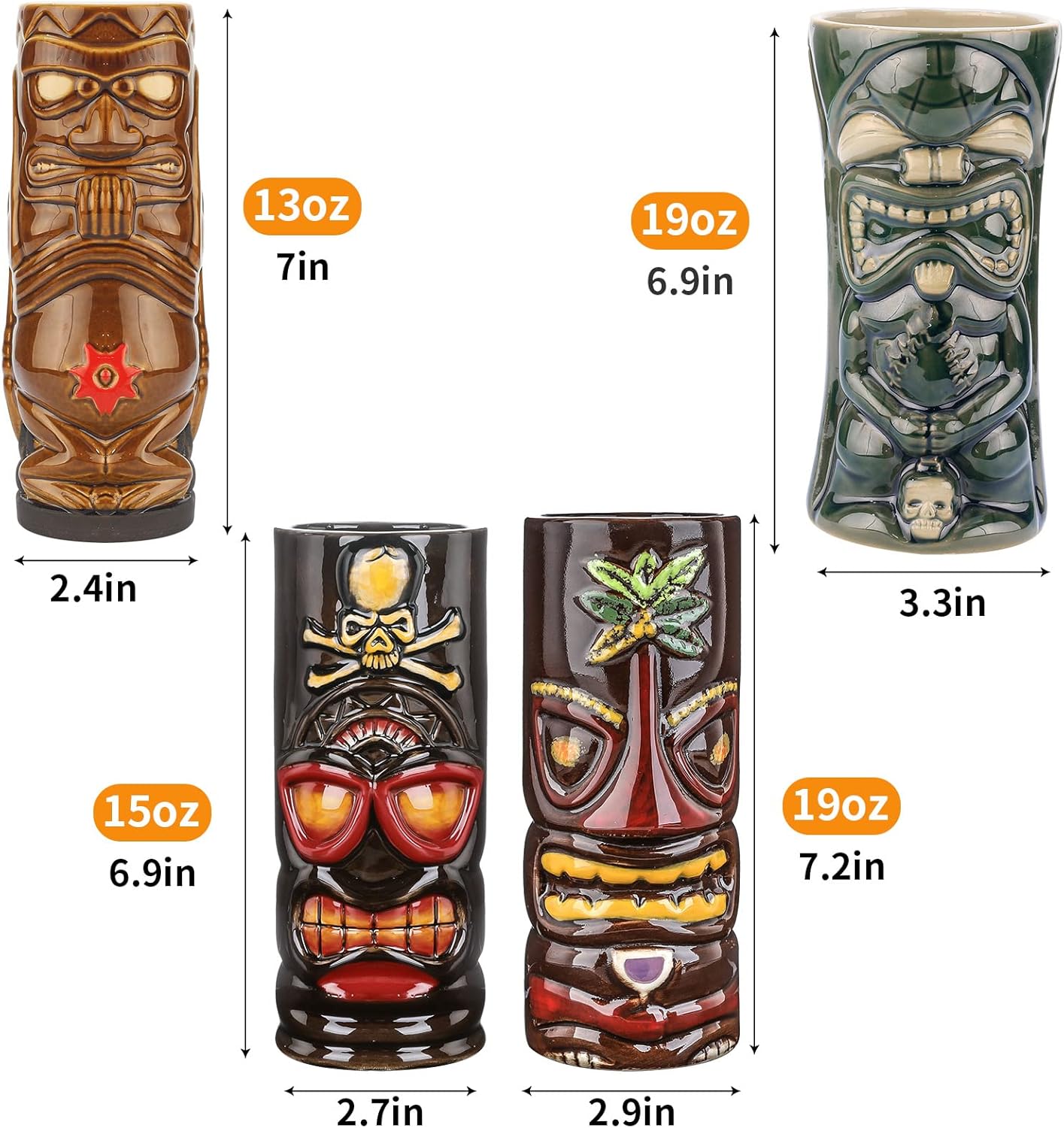 Juego de 4 tazas Tiki de cerámica grandes Tiki tazas hawaianas Luau para fiestas, tazas Tiki Bar para cócteles