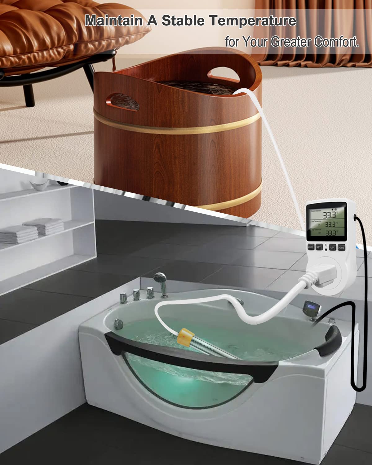 Calentador de agua de inmersión de 1500 W, calentador de agua sumergible eléctrico con controlador de temperatura de termostato y protector de acero