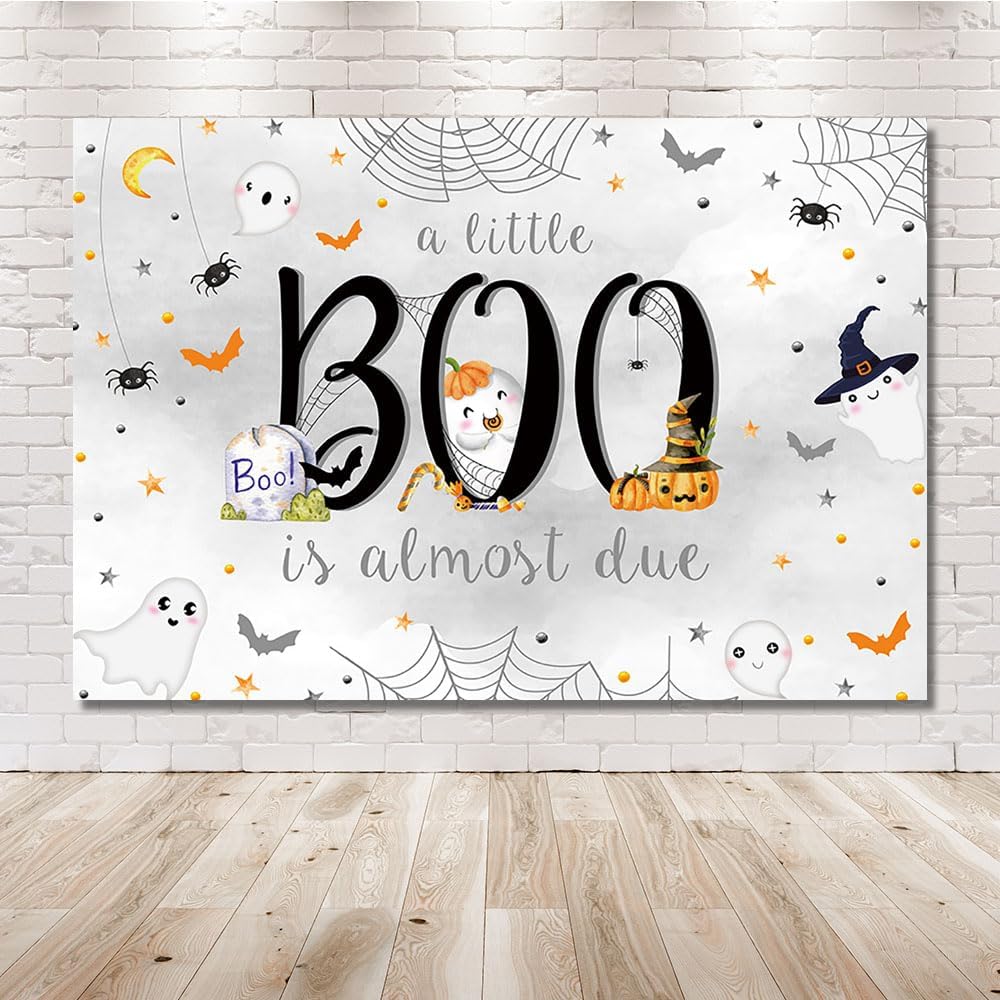 MEHOFOND Telón de fondo de Halloween para baby shower de 7 x 5 pies para niño, fantasma blanco a Little Boo is Almost Due Spooky Ghost Background