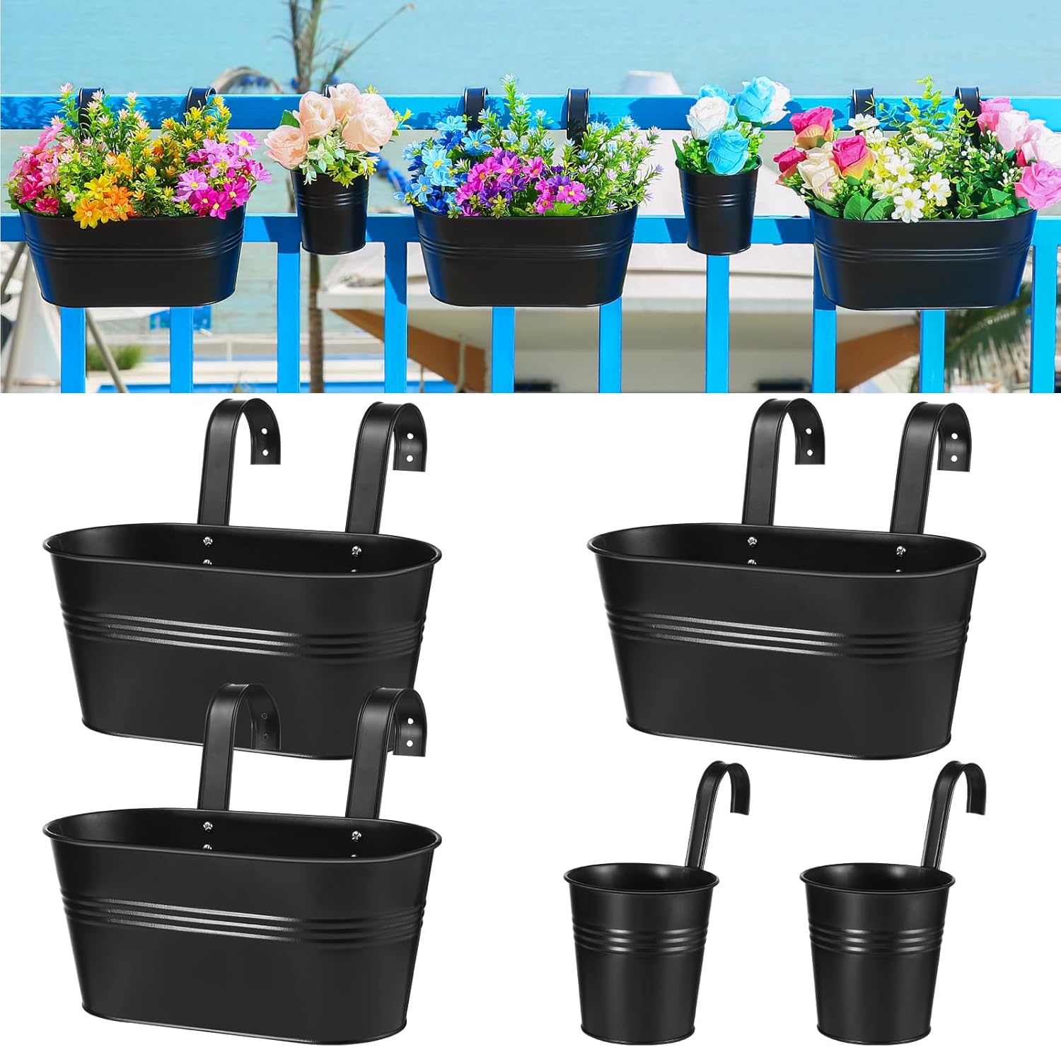 5 macetas colgantes con barandilla de metal, cajas de ventana de hierro para plantas al aire libre, jardineras de balcón, jardineras de valla con
