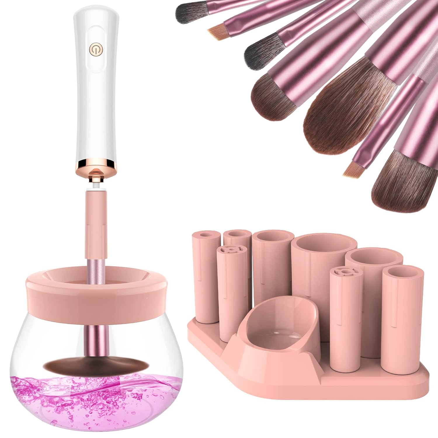 Máquina secadora de brochas de maquillaje, limpiador eléctrico súper rápido con 8 tamaños de collares, limpiador automático de brochas giratorias,