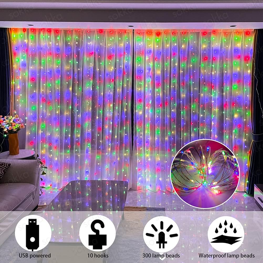Taoke Guirnalda de luces de Navidad, 300 luces de cortina con carga USB, luces LED para interiores y exteriores, para Navidad, boda, fiesta, hogar,