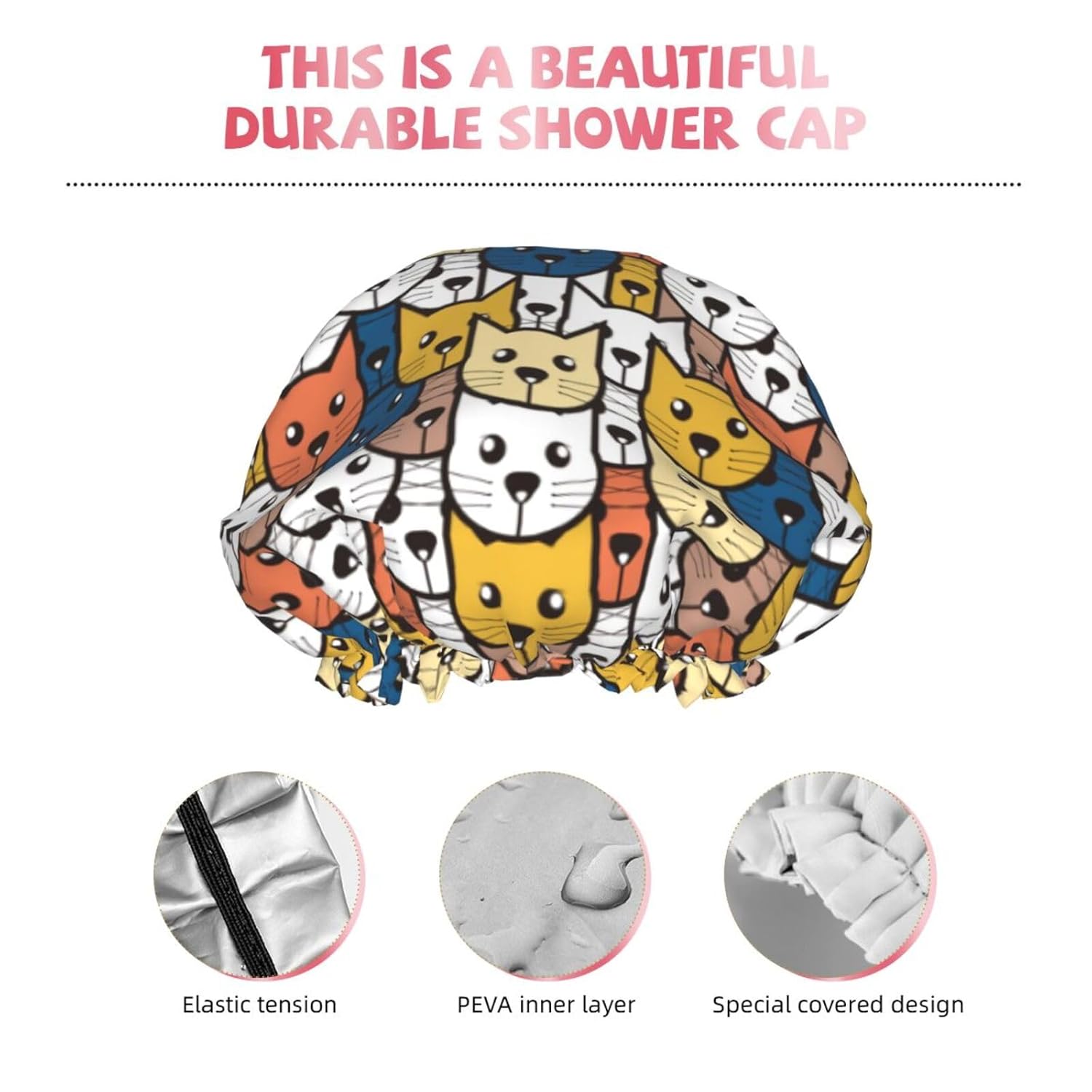 Cat Face Shower Cap Reusable Waterproof,Shower Caps For Women With Double Hair Caps,Bathing Cap Hair Cap For Shower