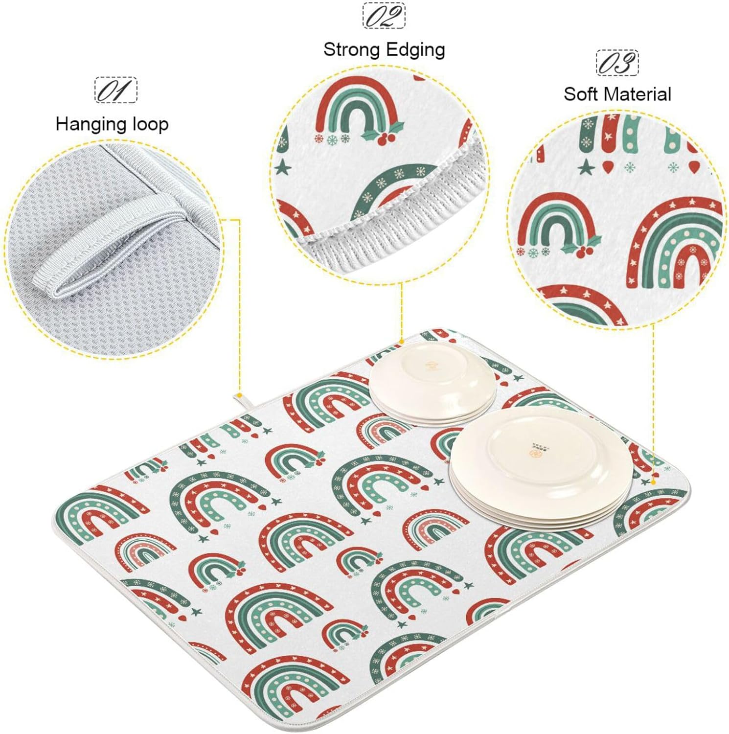 Christmas Rainbow Dish Mat Washnable Absorbent Kitchen Counter Drying Mat Dishwasher Drying Matt Tapete Para Cocina 16” x 18”